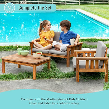 Martha Stewart Kids’ Outdoor Sofa Chair: Natural Acacia Wood Sofa Couch w/Gray Cushions for Indoor & Outdoor Spaces, 10" Seat Height | Kids’ Furniture for Garden, Patio & Backyard Picnics