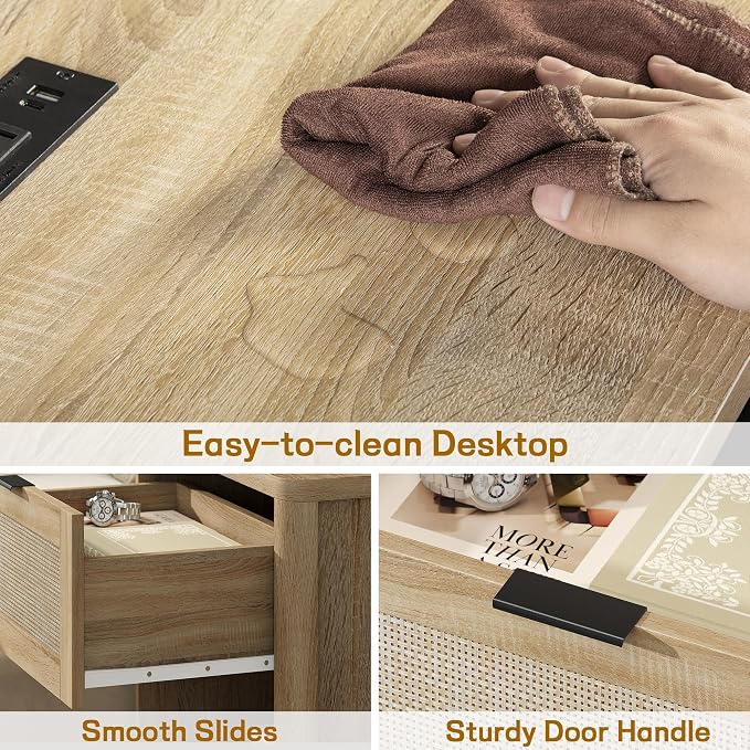 Boho Nightstand with Charging Station, Large Bedside Table with Drawer & Open Storage Shelf, Mid-Century Modern End Table Rattan-Look Drawer, Accent Side Table with Rounded Corners for Bedroom