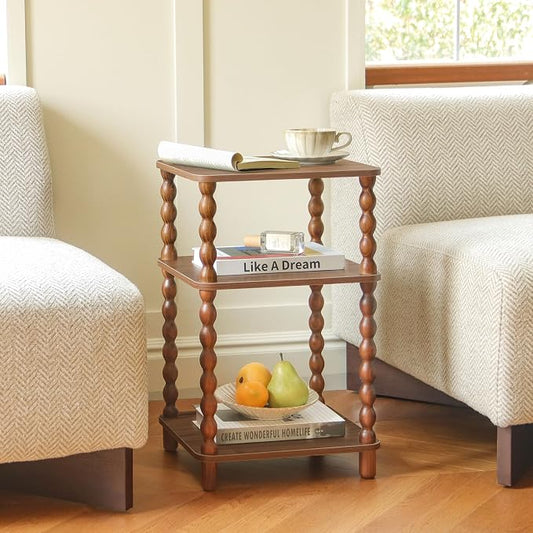 Fultyle Small Side Table, 3-Tier End Table Living Room with Storage, Wood Accent Table Bedside Table for Bedroom, Office and Small Spaces (Walnut Brown)