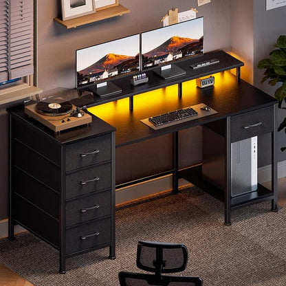 Korfile 55 Inch Computer Gaming Desk with Power Outlets LED Lights Reversible Home Office with Adjustable Fabric Storage Drawers for Working Writing Study, Black