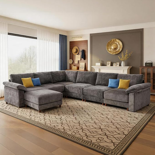 Oversized Modular Cloud Couch with Removable Washable Cover, L/V-Shaped Sectional for Large Living Room, Plush Chenille & Deep Seat（Grey）