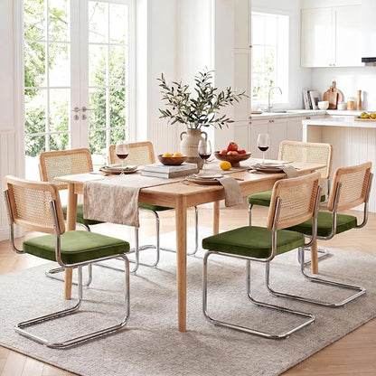Zesthouse Natural Rattan Dining Chairs Set of 6, Olive Green Modern Kitchen Chairs with Solid Wood Back & Chrome Base, Mid Century Breuer Design Inspired, Upholstered Luxurious Velvet Fabric