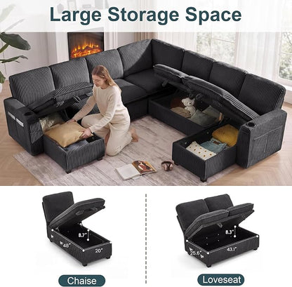 Oversized Sectional Sleeper Sofa with Pull Out Bed, Plush Corduroy 9 Seat Modular Sofa with Storage Chaise and Adjustable Backrest, Cloud Couches for Living Room, Apartment, Dark Grey