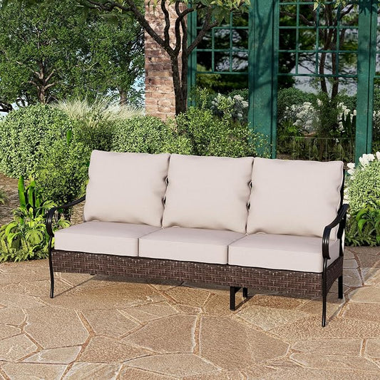 PHI VILLA Wicker & Metal Outdoor Patio Couch,3-Seat Patio Sofa with Deep Seating for Front Porch, Deck, Balcony, Backyard, Sunroom