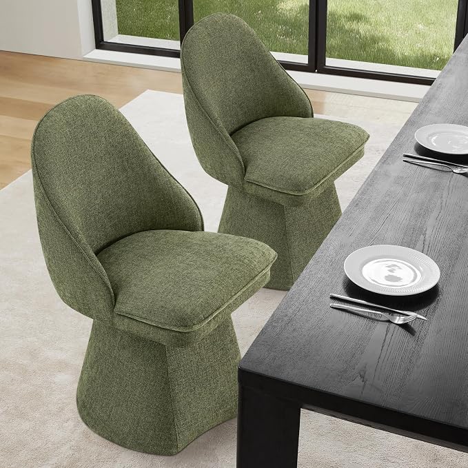 KISLOT Swivel Dining Chairs Set of 4, Upholstered Mid Century Modern Deskchair with Round Back, Linen Fabric Kitchen Chairs for Dining Room, Bedroom, Dressing Room, Green