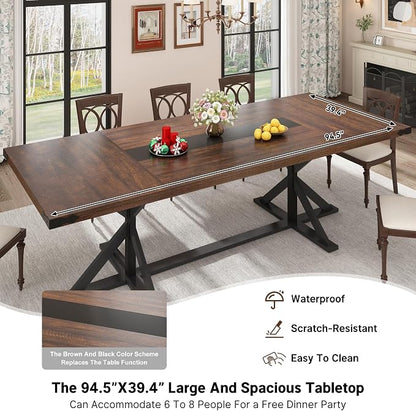 Hlivelood Dining Table for 8 10 People,Rectangular Kitchen Farmhouse Table W/Waterproof Wood Tabletop,Long Dining Room Tables W/Wood Strip Base for Kitchen Living Room(94IN BR&BK)