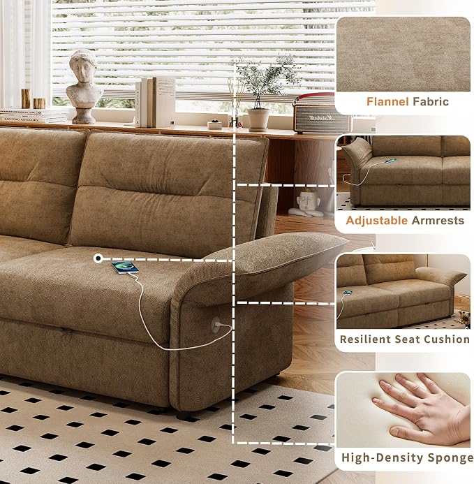 85'' Sofa Bed Full, Assembly, 3 in 1 Sleeper Sofa Beds, Flannel Pull Out Couch for Living Room, Charging & Adjustable Armrest, Comfy Loveseat for Small Space, Flannel Brown