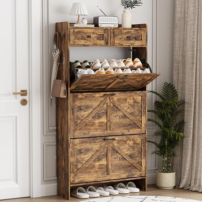 Shoe Cabinet with 3 Flip Drawers & 2 Top Drawers, 57" Tall Freestanding Narrow Wooden Shoe Storage Organizer for Entryway, Hidden Slim Shoe Rack for Front Door Entrance, Hallway, Living Room, Brown