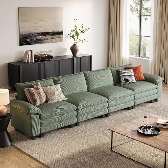 LINSY HOME 157'' Modular Sectional Sofa 4 Seat Couch Corduroy Cloud Couch with Deep Seat, Modern Cloud Couch for Living Room, Office, Bedroom, Green