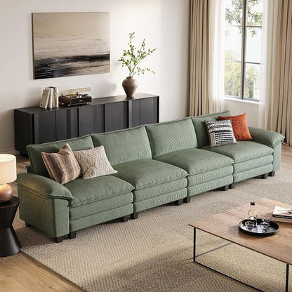 LINSY HOME 157'' Modular Sectional Sofa 4 Seat Couch Corduroy Cloud Couch with Deep Seat, Modern Cloud Couch for Living Room, Office, Bedroom, Green