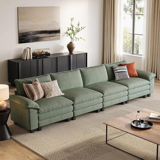 LINSY HOME 157'' Modular Sectional Sofa 4 Seat Couch Corduroy Cloud Couch with Deep Seat, Modern Cloud Couch for Living Room, Office, Bedroom, Green