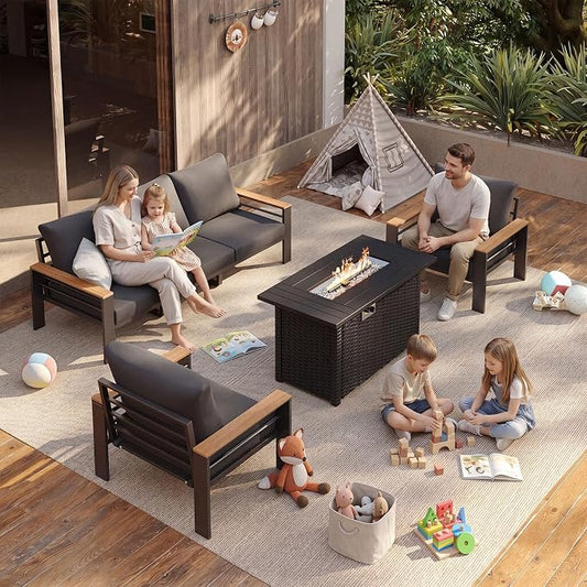 Aoxun Patio Furniture Set, Aluminum Patio Set with Fire Pit Table and 5" Thicken & Washable Cushion, Waterproof Outdoor Furniture, Outdoor Couch Sectional for Backyard (5 Seats/F, Dark Grey)