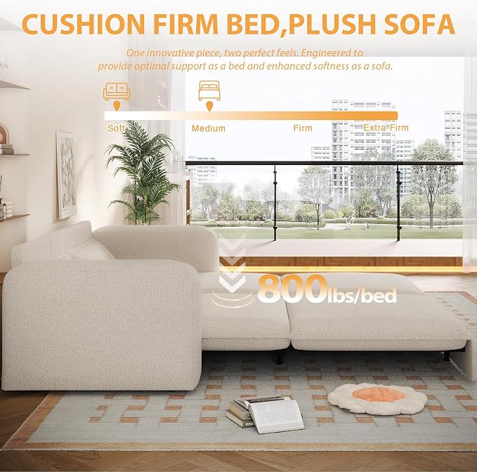 93" King Pull Out Sofa Bed, Boucle Sleeper Sofa Couch, Modern Wide Armrest, 3 in 1 Convertible Futon Couches for Living Room, Small Space, Apartment, Bedroom, Office, Beige