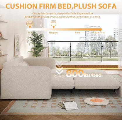 93" King Pull Out Sofa Bed, Boucle Sleeper Sofa Couch, Modern Wide Armrest, 3 in 1 Convertible Futon Couches for Living Room, Small Space, Apartment, Bedroom, Office, Beige