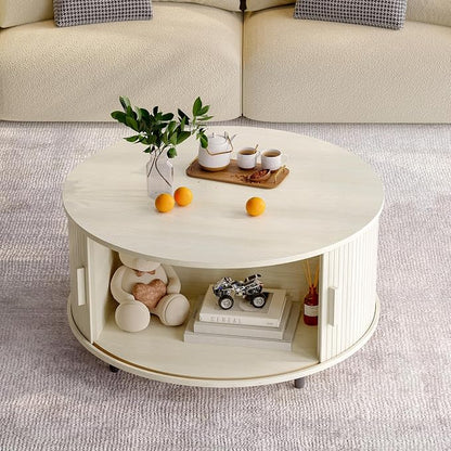 ONBRILL Round Coffee Table with Storage, 31.5" Modern Coffee Table with 360° Curved Sliding Door, Fluted Wood Coffee Table with Adjustable Footpads, Round Center Table for Living Room, Natural White