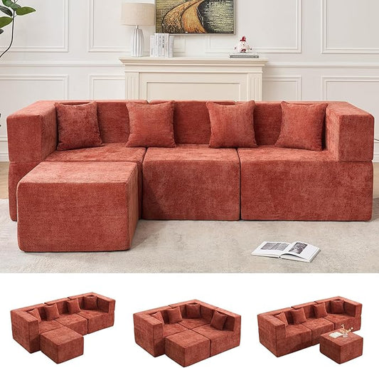 MONVANE 103'' Modular Sectional Sofa, Cloud Sectional Couch with Ottoman, Convertible Chenille L Shaped Couch with Deep Seat, Sectional Couches for Living Room Bedroom, No Assembly Required, Rust Red