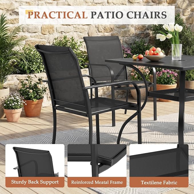 SUNCROWN 5 Pieces Outdoor Dining Set, Patio Furniture Set with 4 x Textilene Dinning Chairs and 1 Steel Slat Metal Bistro Table for Lawn Garden Backyard Poolside Deck, Black