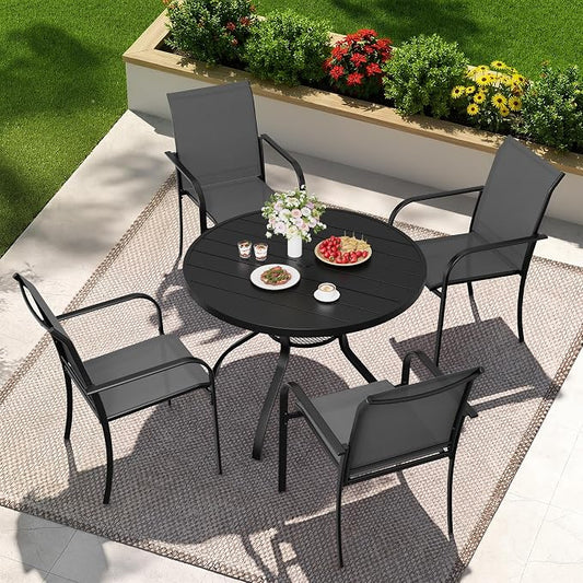 SUNCROWN 5 - Piece Outdoor Dining Set, Patio Furniture Set with 4 x Textilene Dinning Chairs and 41" Metal Round Table with Umbrella Hole for Lawn Garden Backyard Deck, Grey