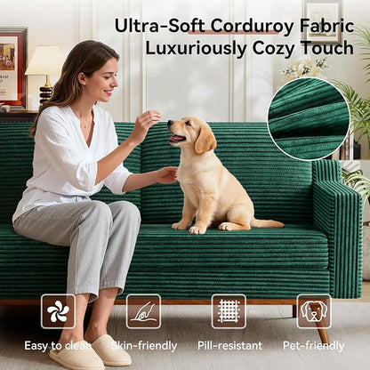Vipbear 65.4" Loveseat Sofa,Mid-Century Modern Small Couches for Living Room, Bedroom, Office,Comfy Forest Green Corduroy Couch with Spring Cushion, Solid Wood Frame, Tool-Free Assembly