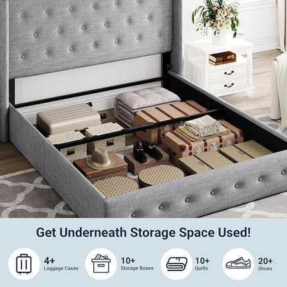 Allewie Full Size Lift Up Storage Bed, Button Tufted Headboard with Wingback, Hydraulic Support, No Box Spring Needed, Light Grey