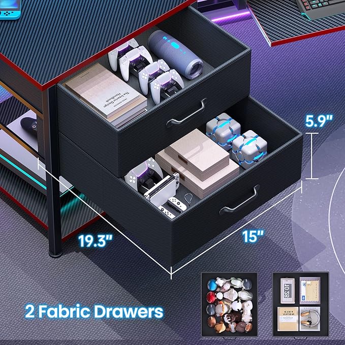 Itaar 79" Gaming Desk with 2 Fabric Drawers, Long Computer Desk with Power Strip & LED Lights, U Shaped Desk wtih Storage and Cup Holder, Large Gaming Table for Bedroom, Carbon Fiber Black+Red