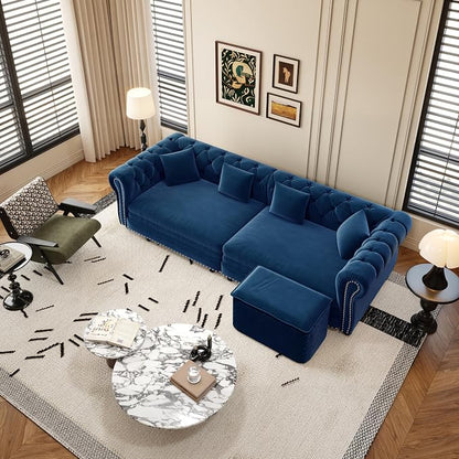 89'' Pull Out Sofa Bed King, Chesterfield Velvet Sleeper Sofa, Convertible L-Shaped Futon Couch, Tufted Back, 4 Pillows, Ottoman, Deep Seat Loveseat Couches for Living Room, Apartment, Blue