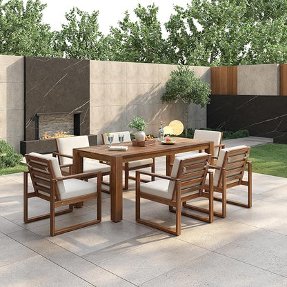 Patio Table and Chairs Set, Outdoor Dining Set for 6 with Umbrella Hole, 7 Piece Outdoor Patio Furniture Set Wood Frame with Removable Cushion for Garden, Backyard