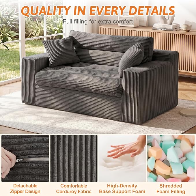 Erament Boneless Loveseat Sofa Couch, 2 in 1 Convertible Sofa Bed with Pillows, Fold Out Bean Bag Chair Boneless Floor Couch for Living Room Bedroom Office Lounge Apartment, No Assembly Needed, Grey