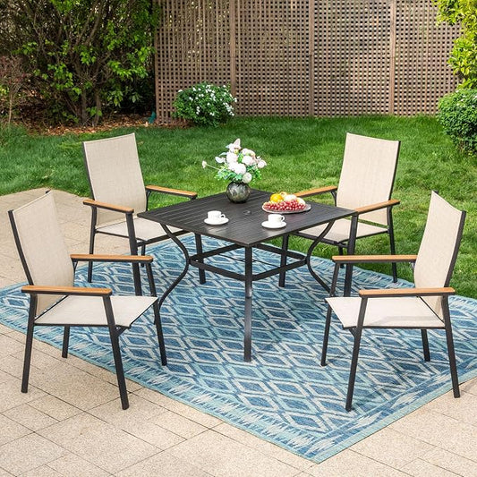 PHI VILLA 5 PCS Patio Dining Set, 4 Outdoor Aluminum Stackable Sling Chairs with Armrest & 1 Square Metal Dining Table with 1.57" Umbrella Hole, Outdoor Furniture for Deck, Beige