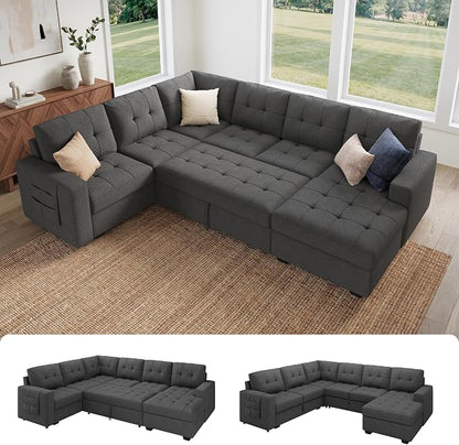 HONBAY Modular Sectional Sleeper Sofa with Pull Out Bed, U Shaped Sleeper Couches with Storage Chaise, 114'' Sleeper Sectional Sofas for Living Room, Apartment (Dark Grey)