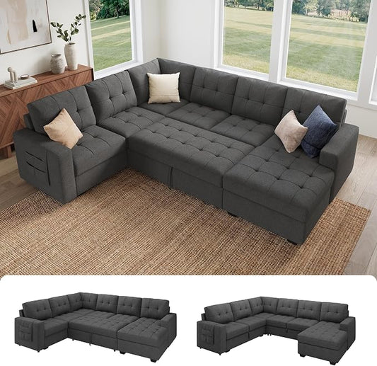 HONBAY Modular Sectional Sleeper Sofa with Pull Out Bed, U Shaped Sleeper Couches with Storage Chaise, 114'' Sleeper Sectional Sofas for Living Room, Apartment (Dark Grey)