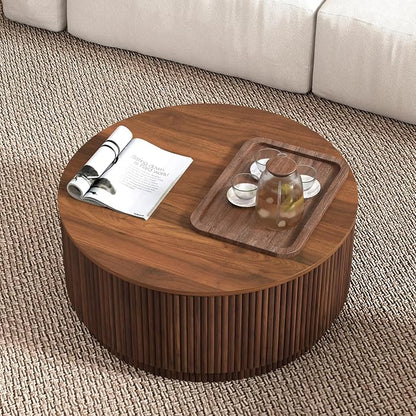 31.5" Round Coffee Table with Storage, Mid Century Modern Coffee Tables with Fluted Base, Wooden Circle Accent Center Table for Living Room Small Space Apartment Office (Walnut)