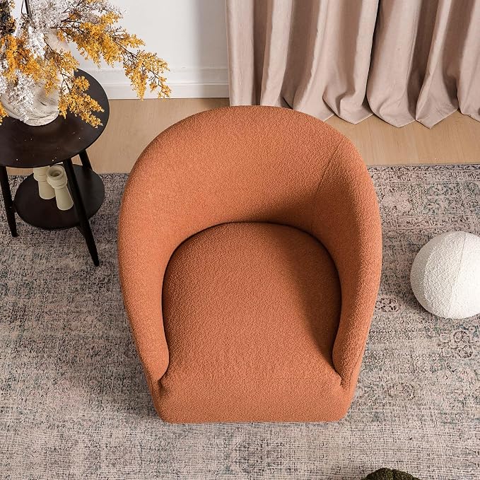 KINWELL 32" Wide Swivel Boucle Accent Chair Armchair, No Assembly Mid-Century Modern Round Upholstered Barrel Chair for Living Room, Bedroom, Office (Caramel)