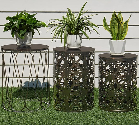 HFHOME Set of 3 Metal Outdoor Side Table, Nesting Round Coffee Table for Indoor Outdoor, Heavy Duty End Tables Plant Stand Living Room Garden Stool - Bronze