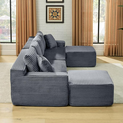 115" U-Shaped Cloud Sectional Couch, Modular Compressed Boneless Sectional Sofa W/Reversible Ottoman Chaise Lounge, Plush Corduroy Boneless Symmetrical Sofa for Living Room