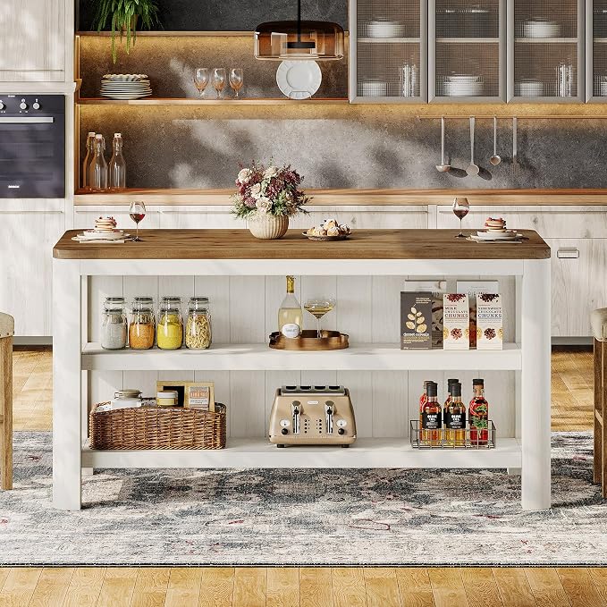 63-Inch Solid Wood Kitchen Island with Storage Shelves, Farmhouse Island Table with Seating, Counter Height Bar Table for Dining Room, Kitchen, Easy to Assemble, Brown and White