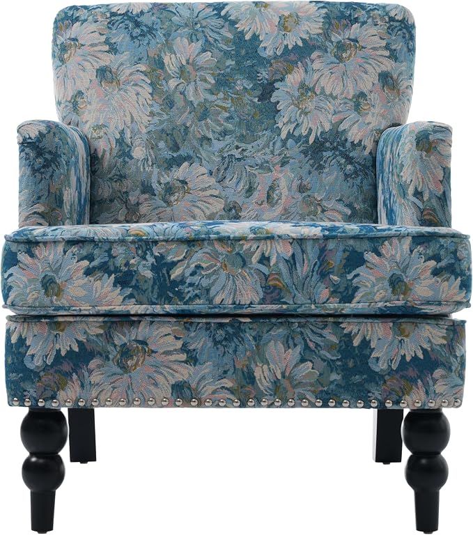 Christopher Knight Home Eve Modern Upholstered Club Chair, Wooden Living Room Accent Chair, Bedroom Comfy Reading Chair, Multifunctional Armchair, Blue Floral