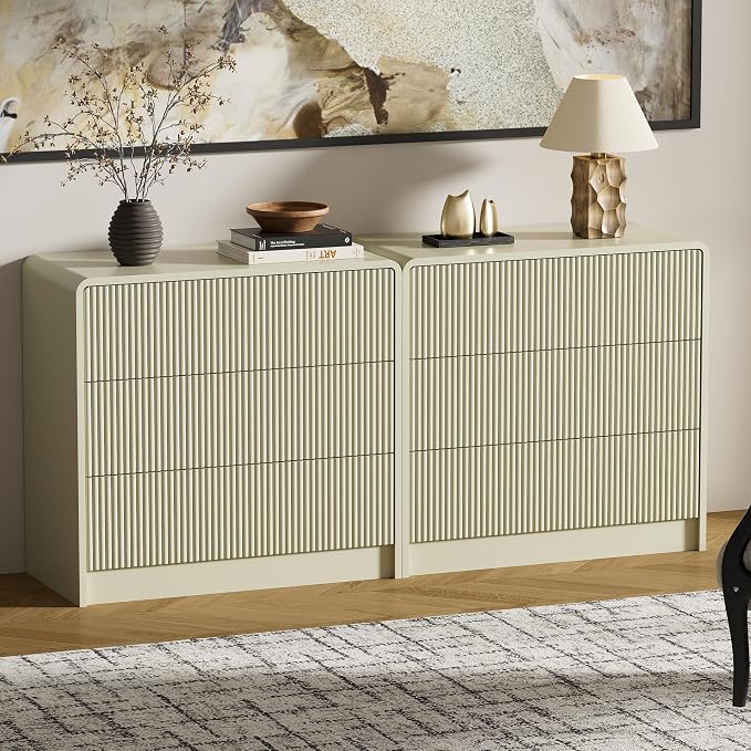 Furniway 32” Nightstand with 3 Drawers, Modern Bedside Table with Storage, Large Night Stand for Bedroom, End Table for Living Room, Beige