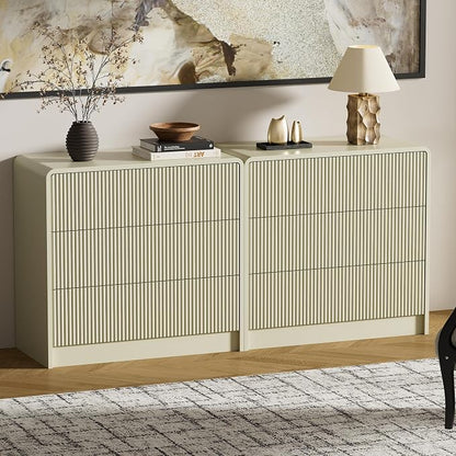 Furniway 32” Nightstand with 3 Drawers, Modern Bedside Table with Storage, Large Night Stand for Bedroom, End Table for Living Room, Beige