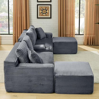 127" U-Shaped Cloud Sectional Couch Oversized Modular Compressed Boneless Sectional Sofa with Ottoman Chaise Lounges & Console, Plush Corduroy Boneless Symmetrical Sofa