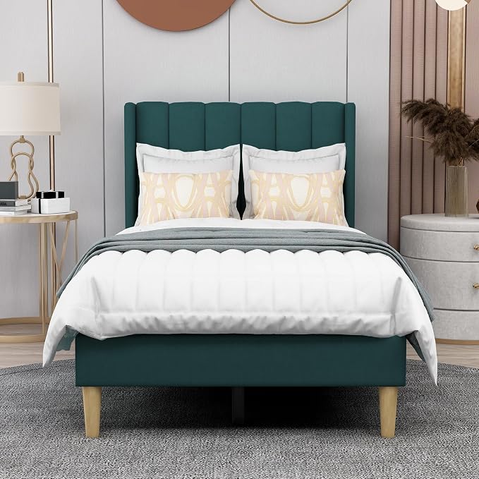 AGARTT Upholstered Platform Bed Frame Twin Size with Headboard and Footboard/Wooden Slats Support/No Box Spring Needed/Easy Assembly,Ink Green Velvet