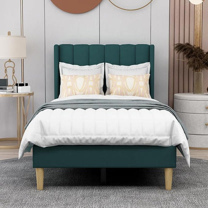 AGARTT Upholstered Platform Bed Frame Twin Size with Headboard and Footboard/Wooden Slats Support/No Box Spring Needed/Easy Assembly,Ink Green Velvet