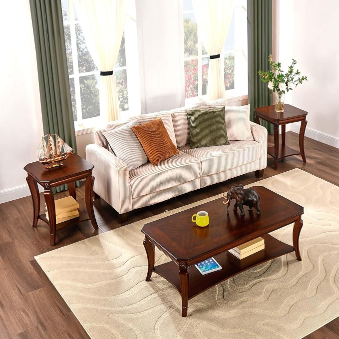 Rectangle Coffee Table for Living Room, Solid Wood Coffee Table with Storage Shelf, Traditional Distressed Farmhouse Style with Shelf, Solid Hardwood Rustic Center Table for Living Room, Cherry 1168WD