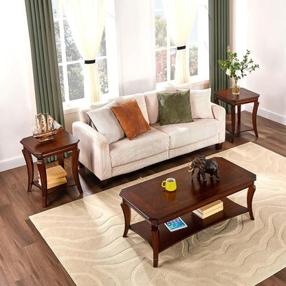 Rectangle Coffee Table for Living Room, Solid Wood Coffee Table with Storage Shelf, Traditional Distressed Farmhouse Style with Shelf, Solid Hardwood Rustic Center Table for Living Room, Cherry 1168WD