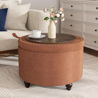 24 Inch Round Storage Ottoman,Modern Tufted Ottomans,Circular Coffee Table with Removable Top,Upholstered Large Ottoman with Storage Footrest Stool for Bedroom Living Room (Orange)