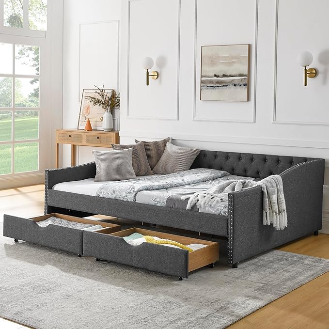 KEIKI Queen Size Upholstery Daybed with 2 Drawers and Headboard, Mid-Century Style Tufted Sofa Bed with Button on Back, Easy Assembly, No Box Spring Required, for Living Room and Bedroom, Dark Grey