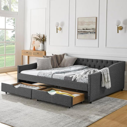 KEIKI Queen Size Upholstery Daybed with 2 Drawers and Headboard, Mid-Century Style Tufted Sofa Bed with Button on Back, Easy Assembly, No Box Spring Required, for Living Room and Bedroom, Dark Grey