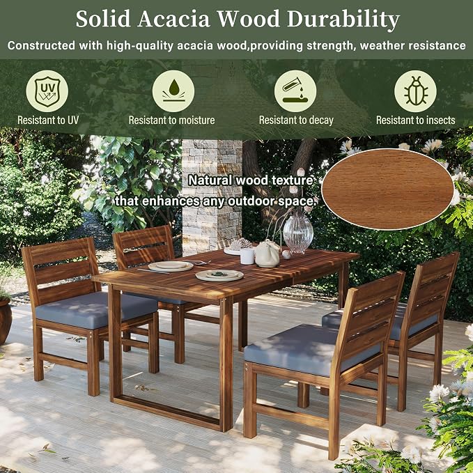 Quarte Premium 4-Piece Farmhouse Outdoor Dining Set in Solid Acacia Wood with Comfort Cushions and Adjustable Legs for Patio, Garden, Backyard (Brown+Gray5)