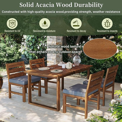 Quarte Premium 4-Piece Farmhouse Outdoor Dining Set in Solid Acacia Wood with Comfort Cushions and Adjustable Legs for Patio, Garden, Backyard (Brown+Gray5)