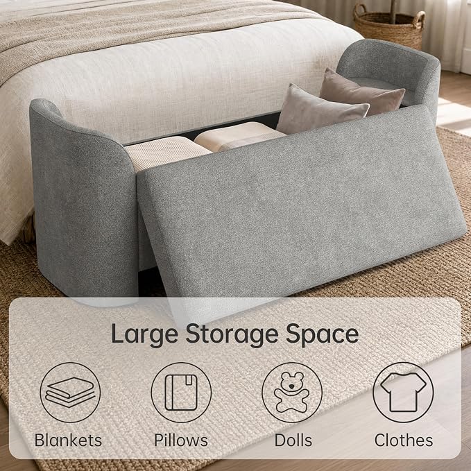 Usaint 58.3" Storage Ottoman Bench with Pillows, Upholstered End of Bed Bench with Arms, Footrest Stool Bench for Bedroom, Living, Window, Entryway and Hallway, Grey